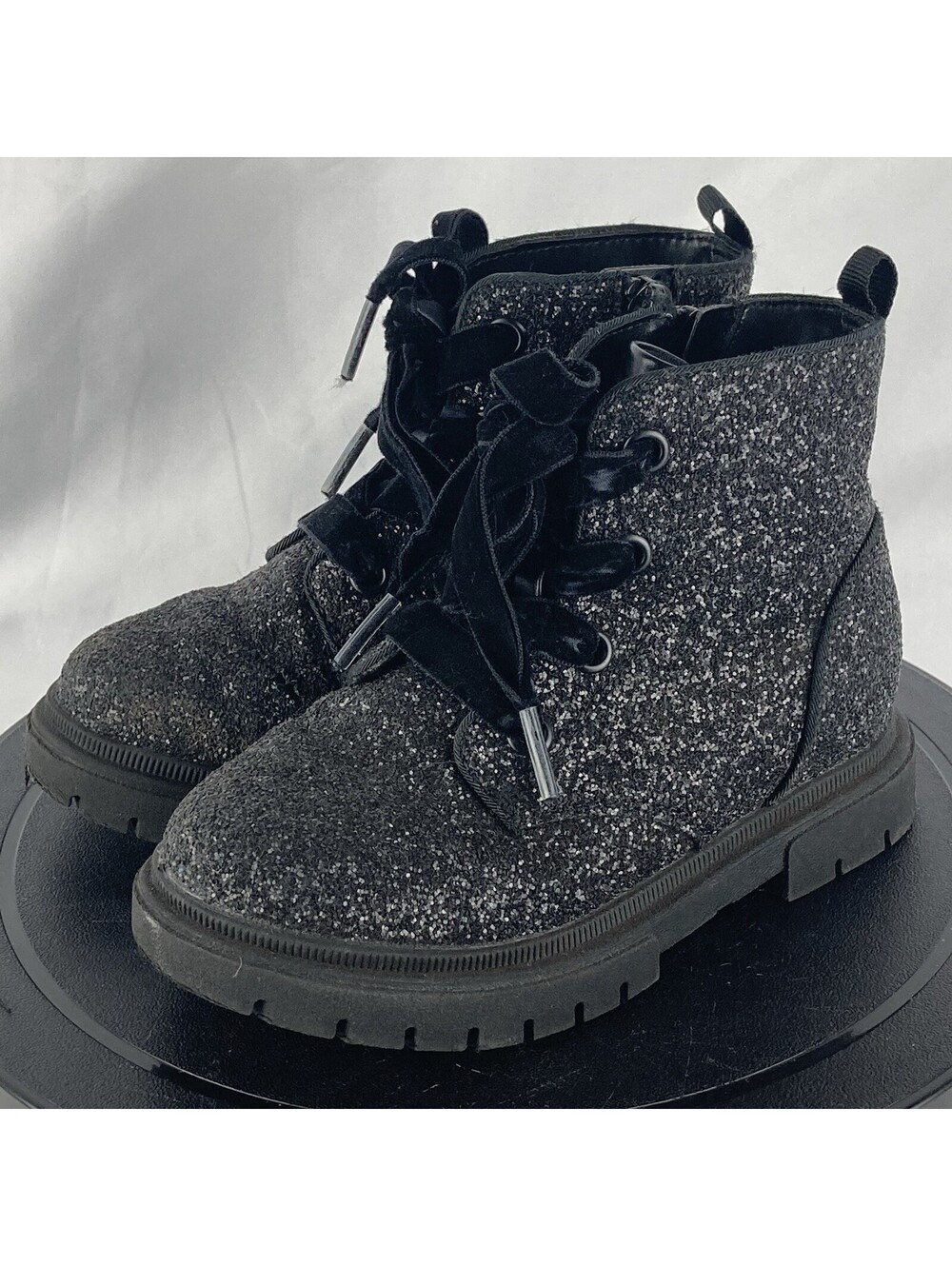 Toddler Girls Size 10 Cat & Jack Black Glitter Combat Boots Velvet Laces Zip